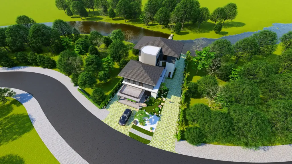 Phối cảnh chim bay biệt thự đơn lập lô góc ven suối, mái ngói xám đậm, Xanh Villa Thạch Thất, Archiindex
