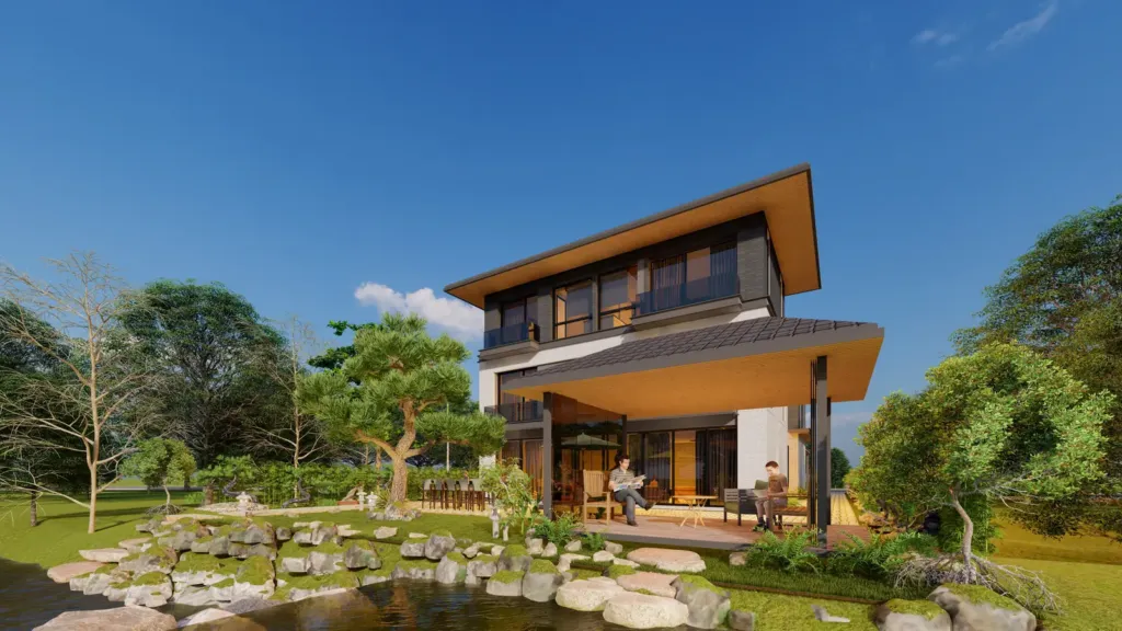 Mặt hậu biệt thự 3 tầng nhìn từ hồ, vách kính khung đen, hiên ăn ngoài trời, Xanh Villa, Archiindex