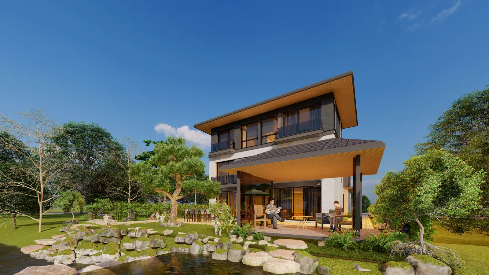 Mặt hậu biệt thự 3 tầng nhìn từ hồ, vách kính khung đen, hiên ăn ngoài trời, Xanh Villa, Archiindex