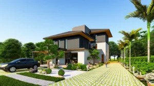Mặt tiền biệt thự B8 09 Xanh Villa Hòa Lạc: tường gạch xám trắng, mái dốc diềm gỗ, sân sỏi bonsai, Archiindex