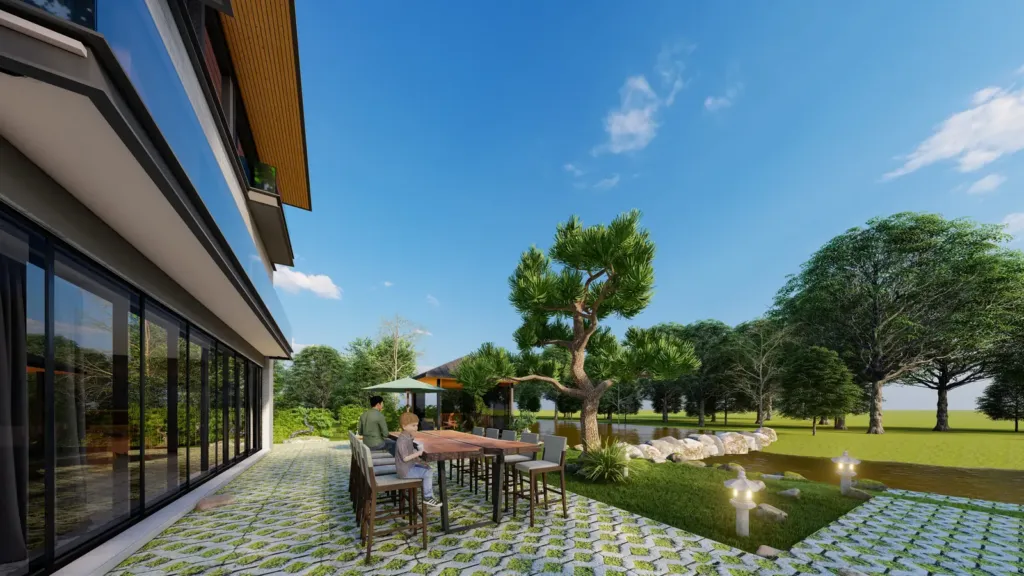 Sân hiên lát gạch cỏ với bàn ăn ngoài trời, vách kính tầng trệt, biệt thự Xanh Villa Hòa Lạc, Archiindex