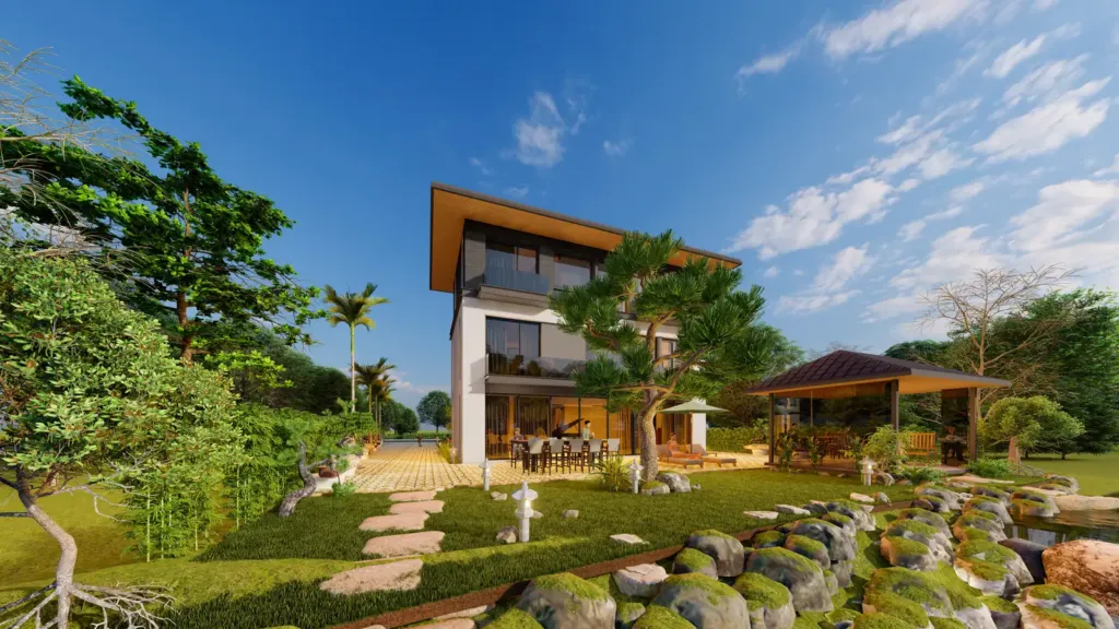 Sân vườn bên hông với bàn ăn dài, chòi kính và bờ suối kè đá, biệt thự Xanh Villa Hòa Lạc, Archiindex