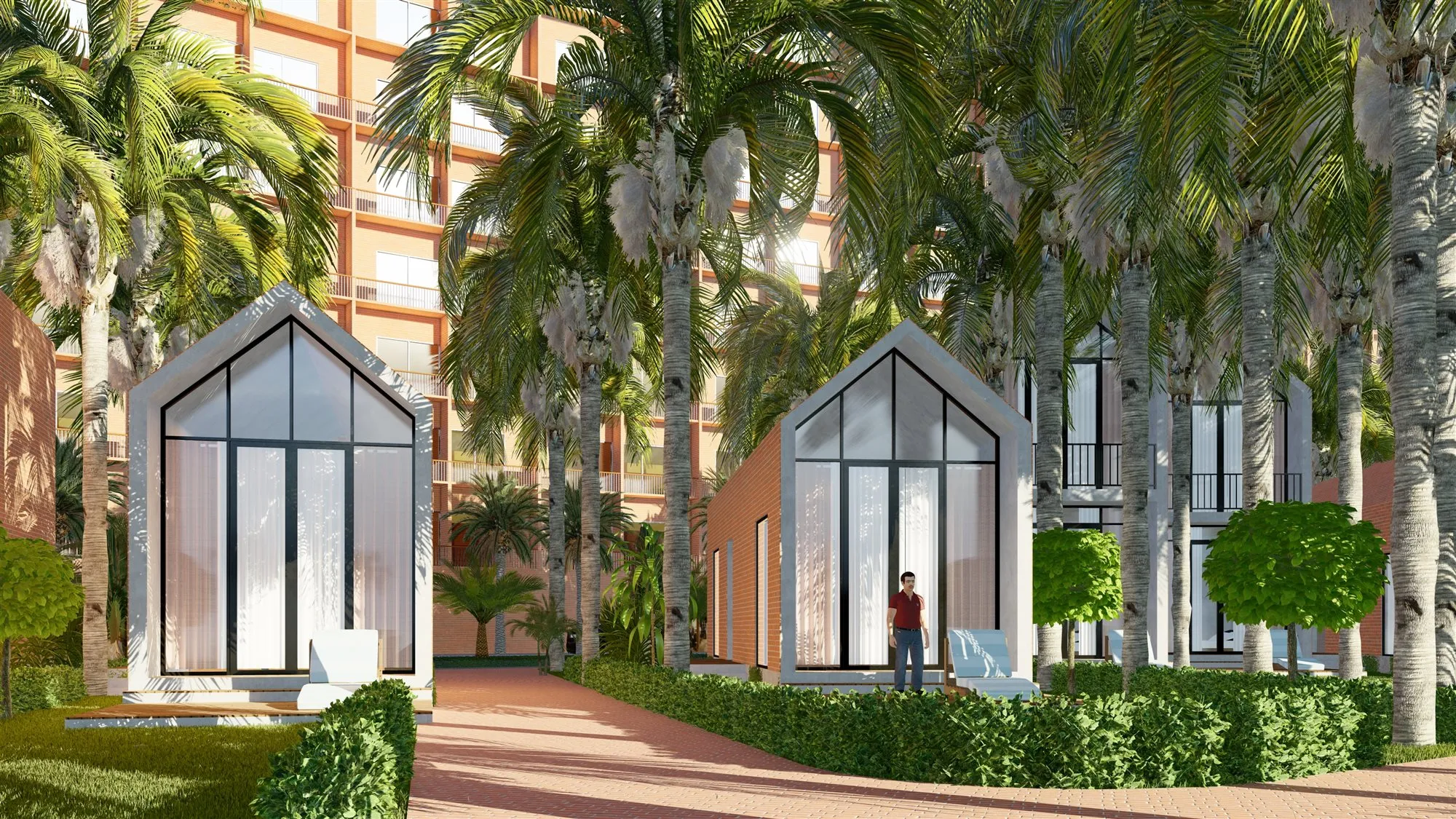 Phối cảnh bungalow mái dốc vách kính trong resort Laluna Ninh Thuận, Archiindex thiết kế ý tưởng
