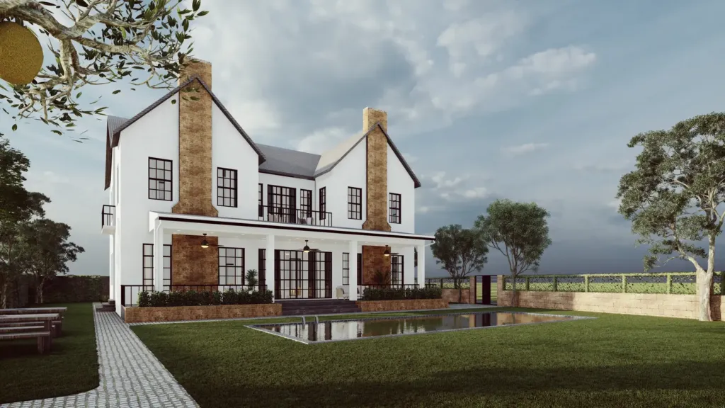 Mặt sau biệt thự phong cách modern farmhouse, ống khói ốp đá, hiên cột trắng, Cổ Đông Villa, Archiindex