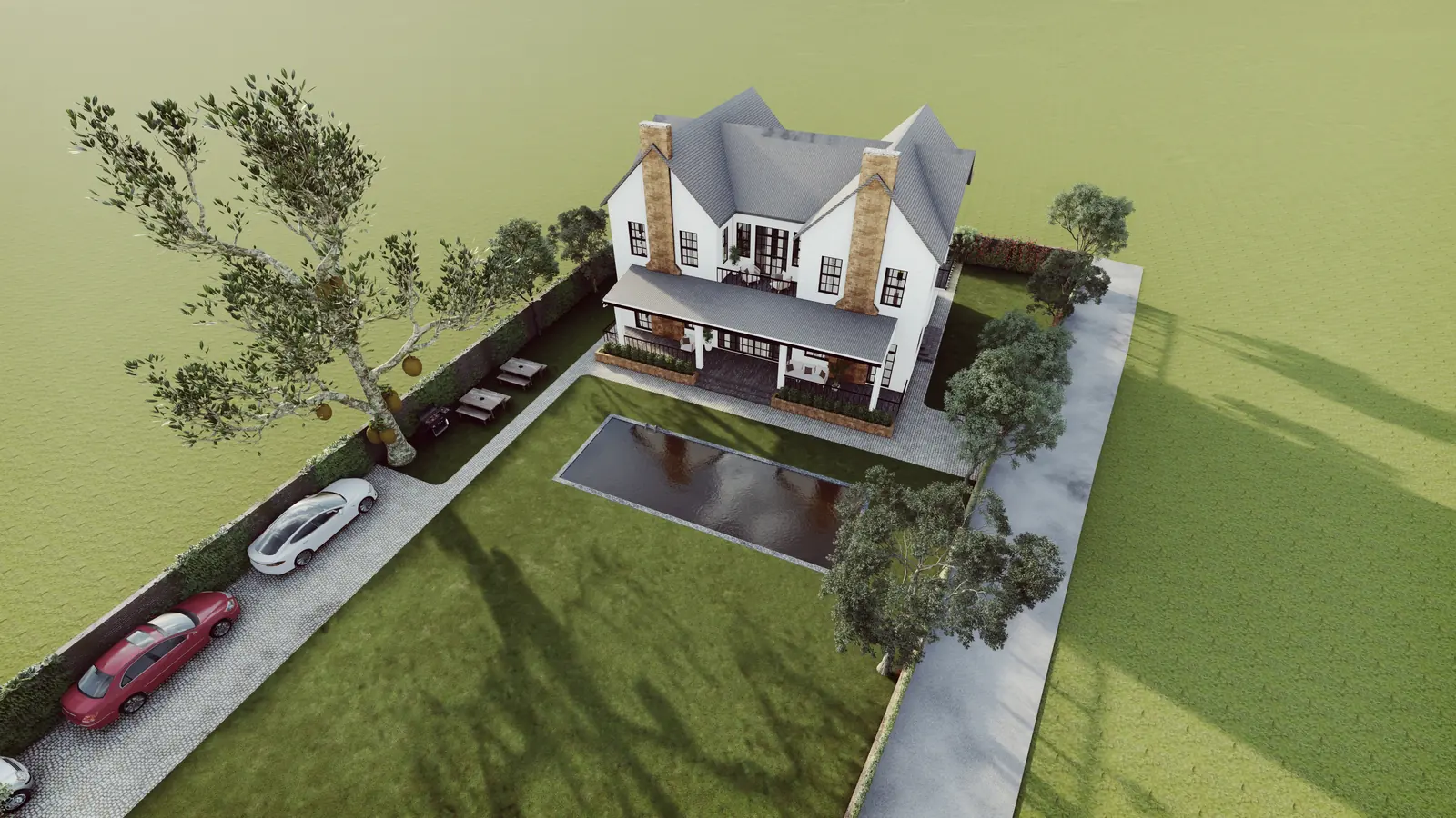 Phối cảnh chim bay Cổ Đông Villa Sơn Tây: biệt thự 2 tầng tường trắng mái ngói xám, hồ bơi giữa sân cỏ, Archiindex