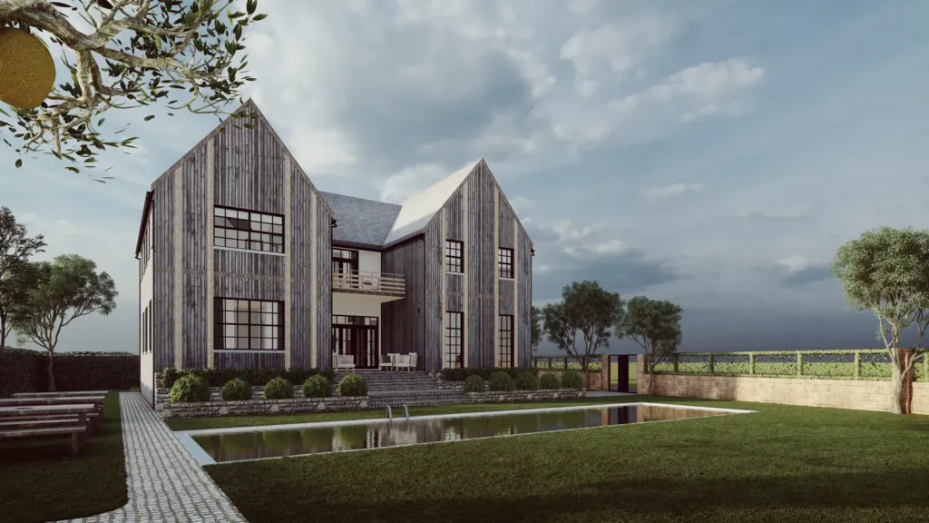 Phương án 2 Cổ Đông Villa: hai khối mái dốc ốp gỗ đứng xám, cửa kính khung đen, thiết kế Archiindex