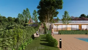 Phối cảnh năm 2021 khu villa Đồng Chanh với sàn gỗ hồ bơi, lối dạo và các cấp nhà theo địa hình, Archiindex thiết kế