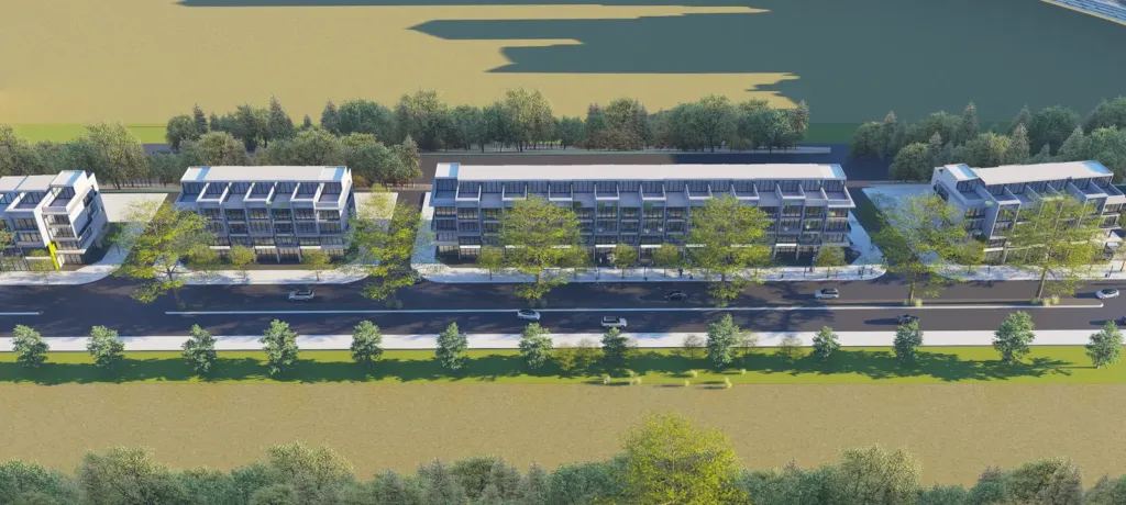 Phối cảnh chim bay các dãy liền kề ven mặt nước, dự án Hà Nam Green City Duy Tiên, thiết kế Archiindex
