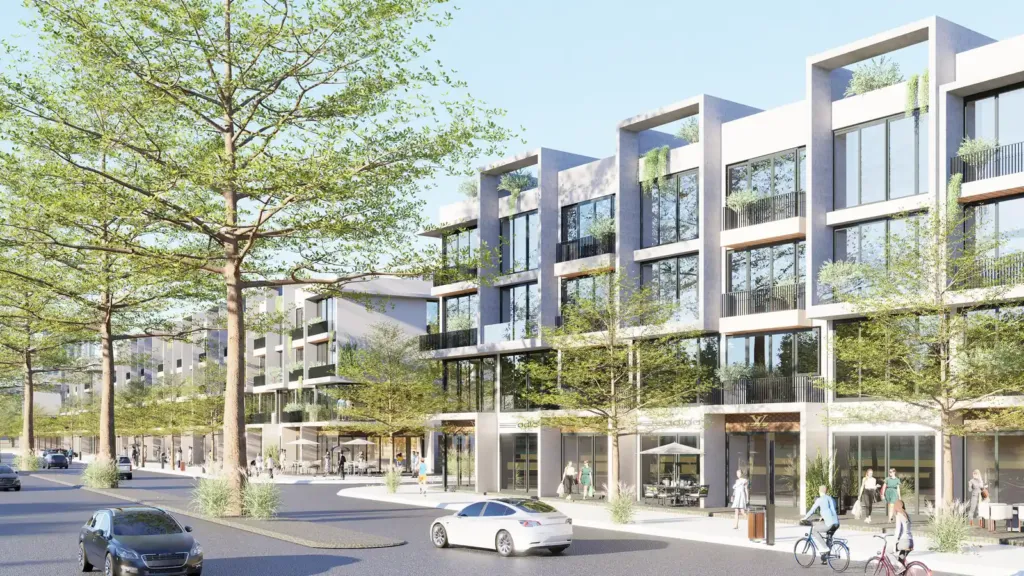 Dãy nhà liền kề 4 tầng sau hàng cây vỉa hè, khung trắng và kính lớn, Hà Nam Green City, Archiindex