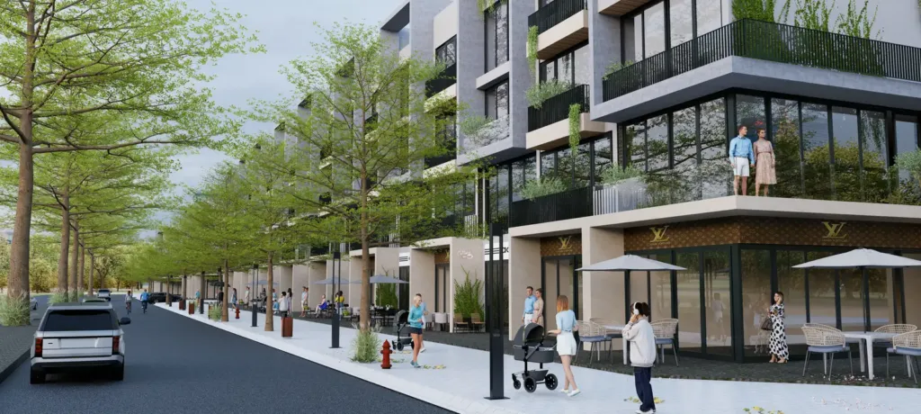 Phố đi bộ trước tầng trệt cửa hàng, ô dù và cây xanh, shophouse Hà Nam Green City, thiết kế Archiindex