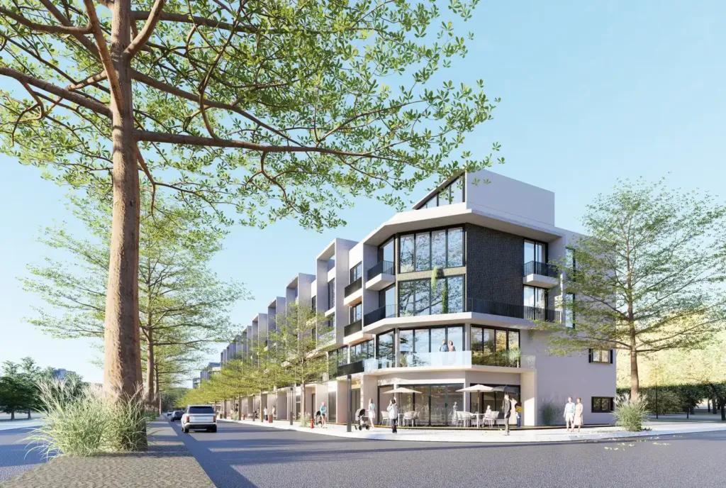 Phương án 2 góc phố shophouse khối màu tối, hàng cây vỉa hè, Hà Nam Green City, thiết kế Archiindex