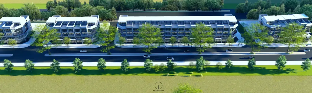 Phương án được duyệt: phối cảnh chim bay các dãy liền kề ven sông, Hà Nam Green City Duy Tiên, Archiindex
