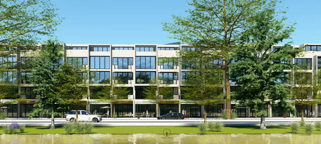 Phương án được duyệt: dãy nhà liền kề nhìn từ mặt nước, cây xanh ven hồ, Hà Nam Green City, Archiindex