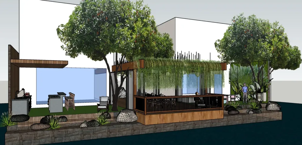 Bậc thềm xuống hồ ngồi câu và tiểu cảnh cây to, Hoa Sữa Landscape, mô hình sơ phác Archiindex
