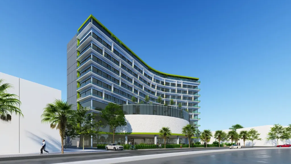 Phương án hiện đại khách sạn 5 sao Điện Biên: khối tháp cong lam kính, mái xanh, thiết kế kiến trúc Archiindex