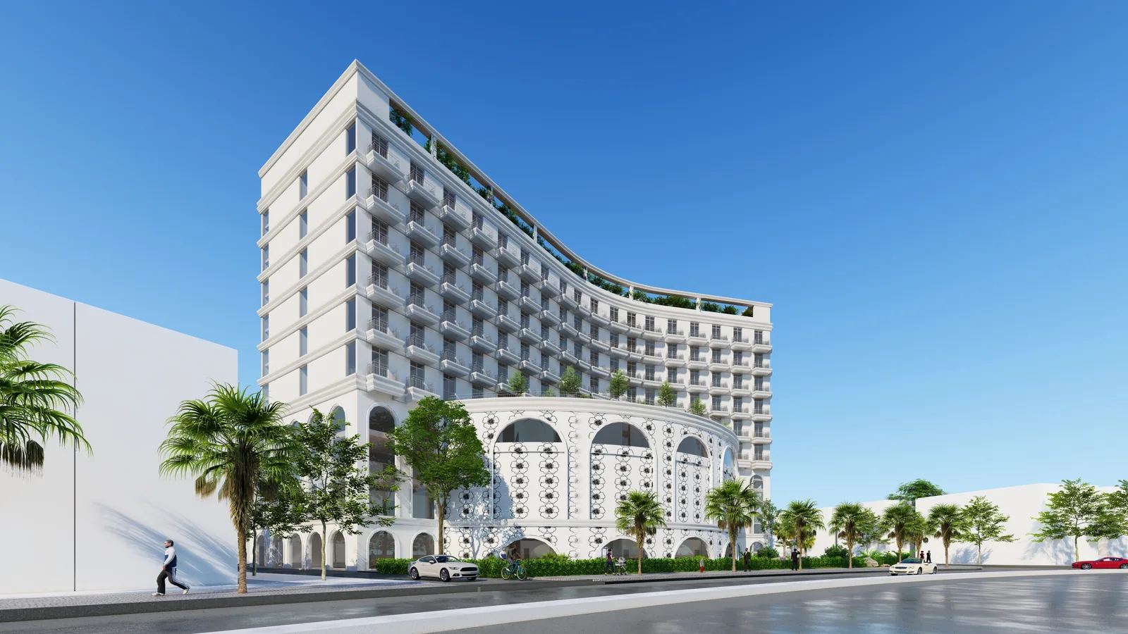 Phương án tân cổ điển khách sạn 5 sao Điện Biên: khối trắng uốn cong, tầng đế vòm, thiết kế kiến trúc Archiindex