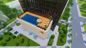 Phối cảnh khách sạn 4 sao Xuân Phú Hưng, Hưng Yên với hồ bơi trên mái khối đế, Archiindex thiết kế sơ bộ