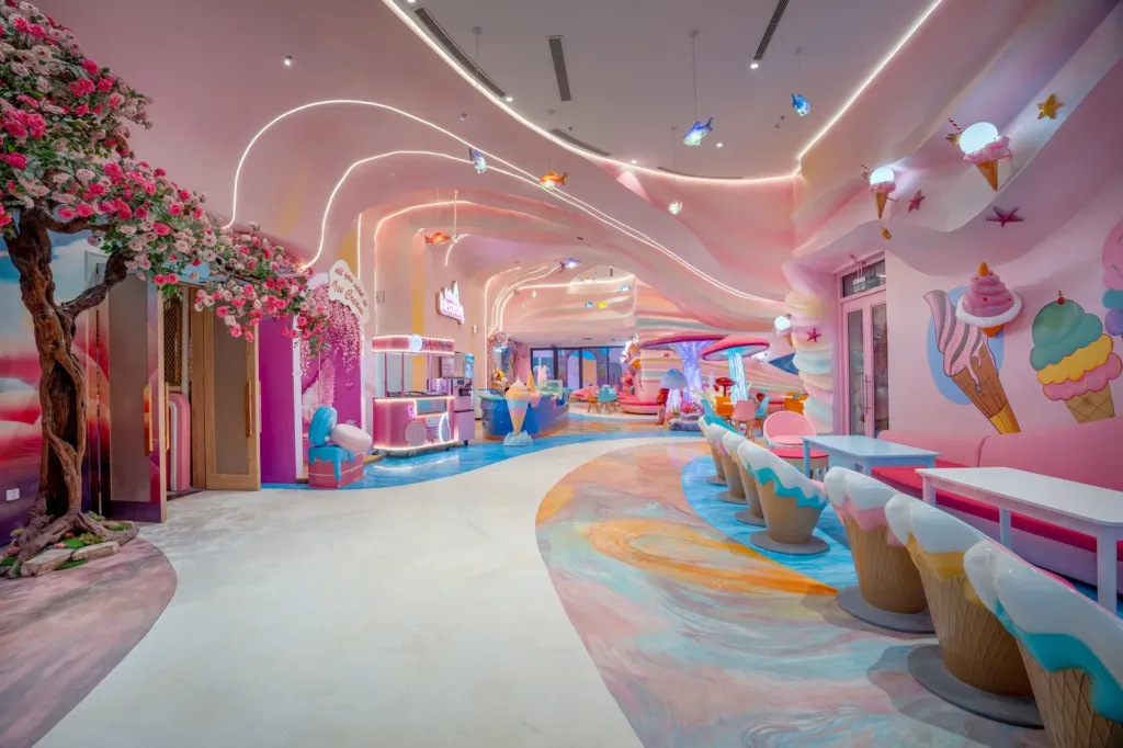 Ảnh thực tế hành lang vách cong pastel, sàn vân loang và cây hoa, Lala Ice Cream Hải Tiến, Archiindex thiết kế