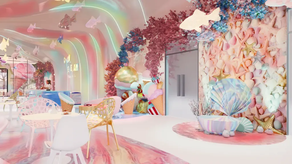 Góc check in tường vỏ sò và sao biển pastel, ghế lưới vàng, Lala Ice Cream Flamingo Hải Tiến, Archiindex