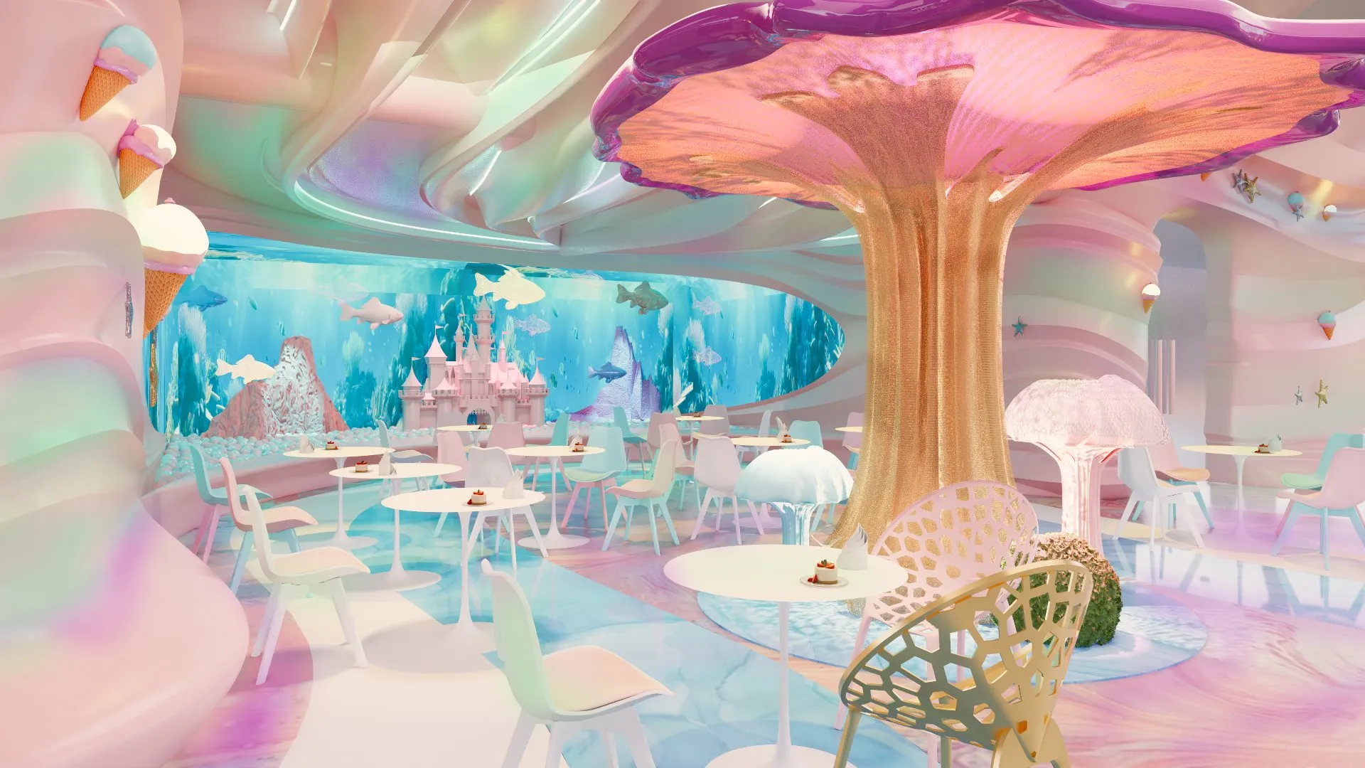 Phối cảnh 3D Lala Ice Cream Flamingo Hải Tiến với cây nấm, bể thủy cung và trần sóng, Archiindex thiết kế