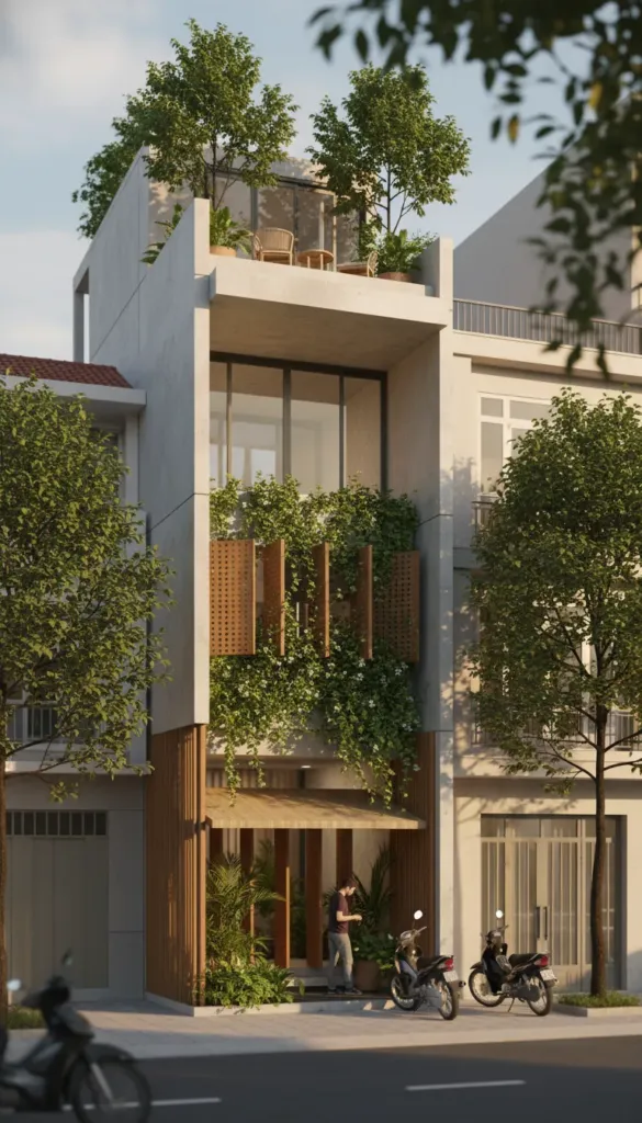 Phương án mặt tiền kem trắng với lam gỗ và cây xanh các tầng, Long Biên House Hà Nội, ý tưởng Archiindex