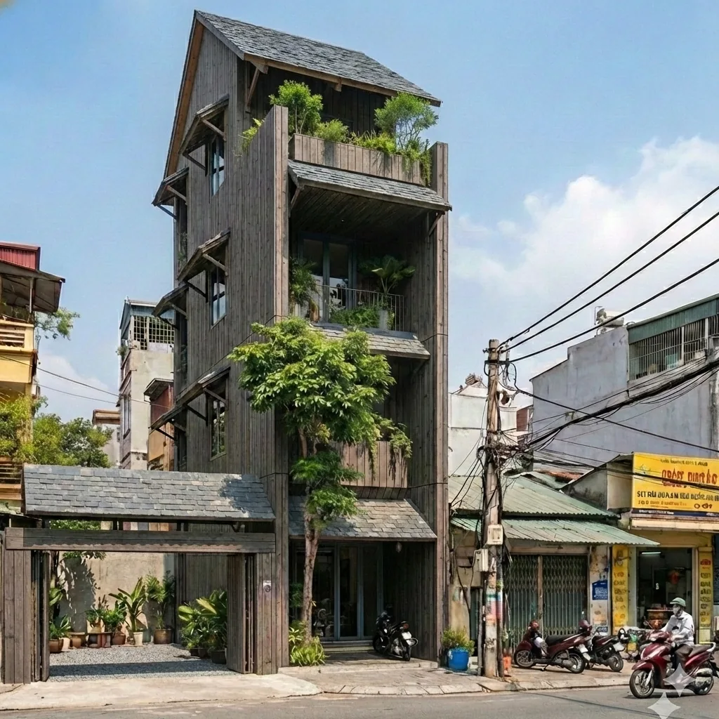 Phương án nhà phố ốp gỗ đứng xám, mái dốc, cổng mái ngói, Long Biên House Hà Nội, ý tưởng Archiindex