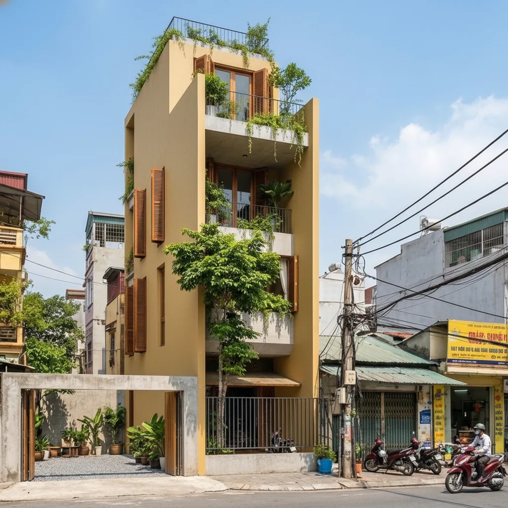 Phương án tường vàng đất, cửa chớp gỗ, cổng khung bê tông, Long Biên House Hà Nội, ý tưởng Archiindex