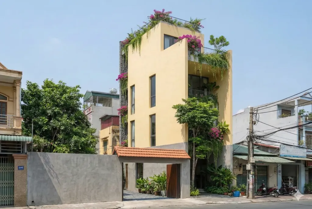 Phương án tường trát vàng kem phủ hoa giấy và cây rủ, Long Biên House Hà Nội, phối cảnh ý tưởng Archiindex