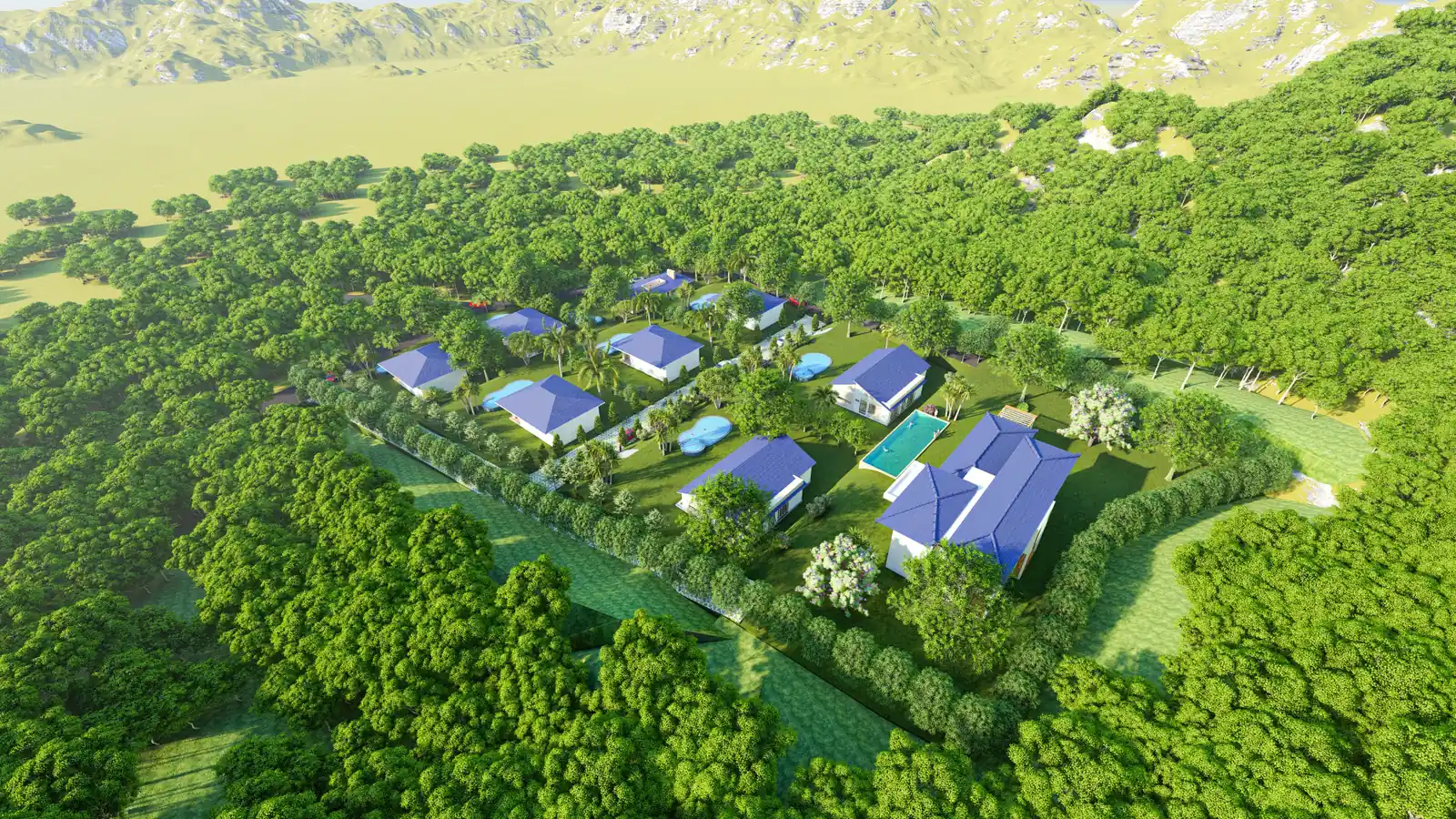 Phối cảnh chim bay cụm villa nghỉ dưỡng mái xanh, hồ bơi chung và riêng, Minh Tan Village, Archiindex