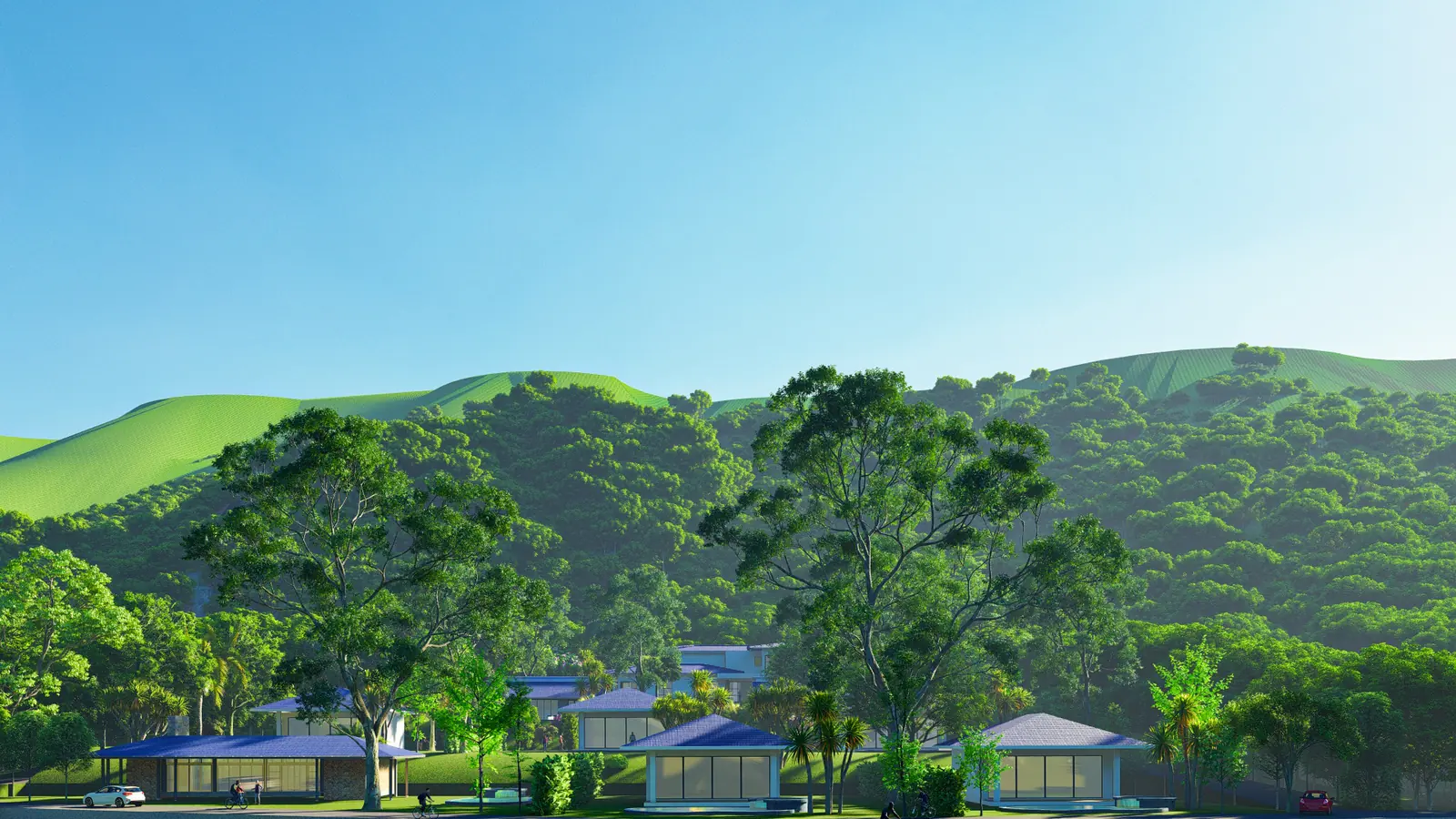 Cụm villa thấp tầng nép dưới chân đồi rừng nhìn từ đường vào, Minh Tan Village Sóc Sơn, Archiindex