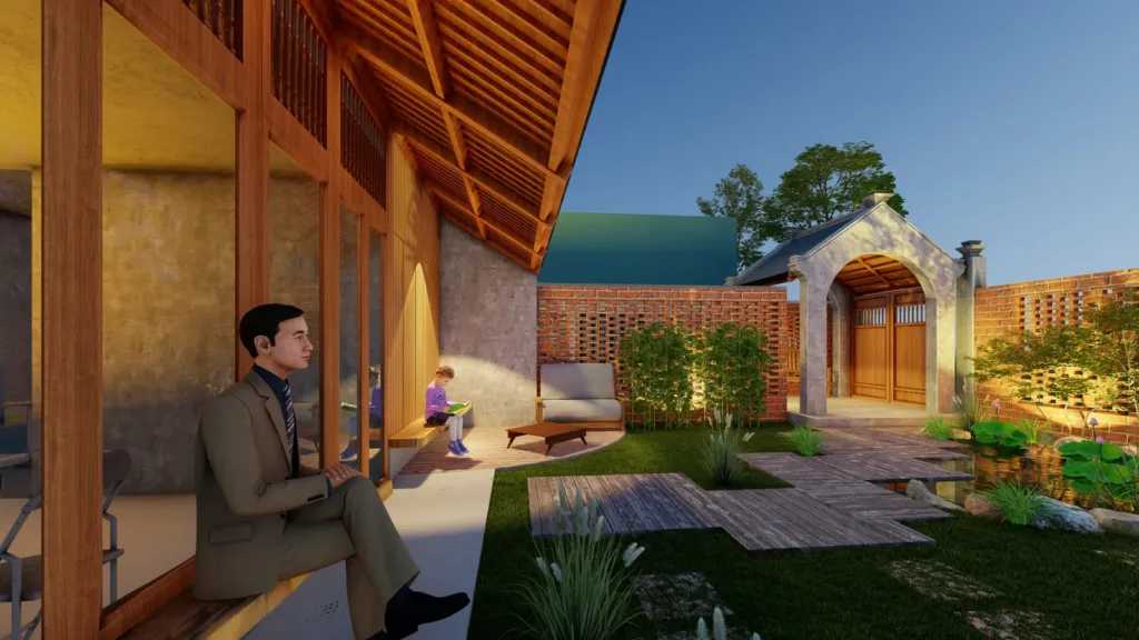 Hiên kết cấu gỗ, lối ván gỗ và hồ sen, tường gạch hoa gió đỏ, nhà hàng La Mai Tứ Liên, Archiindex