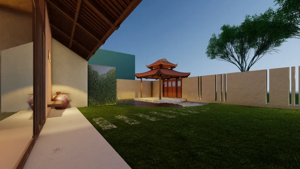 Sân cỏ chiều tối và chòi mái ngói kiểu đình, nhà hàng La Mai Tứ Liên Hà Nội, thiết kế Archiindex