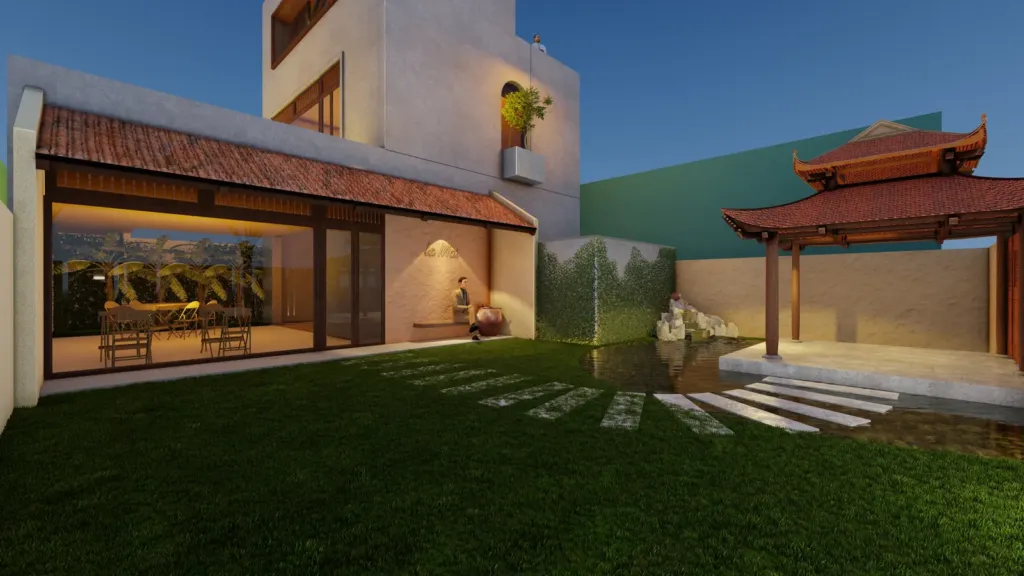 Toàn cảnh sân nhà hàng La Mai lúc tối với nhà thủy tạ mái ngói trên hồ, Tứ Liên Hà Nội, Archiindex