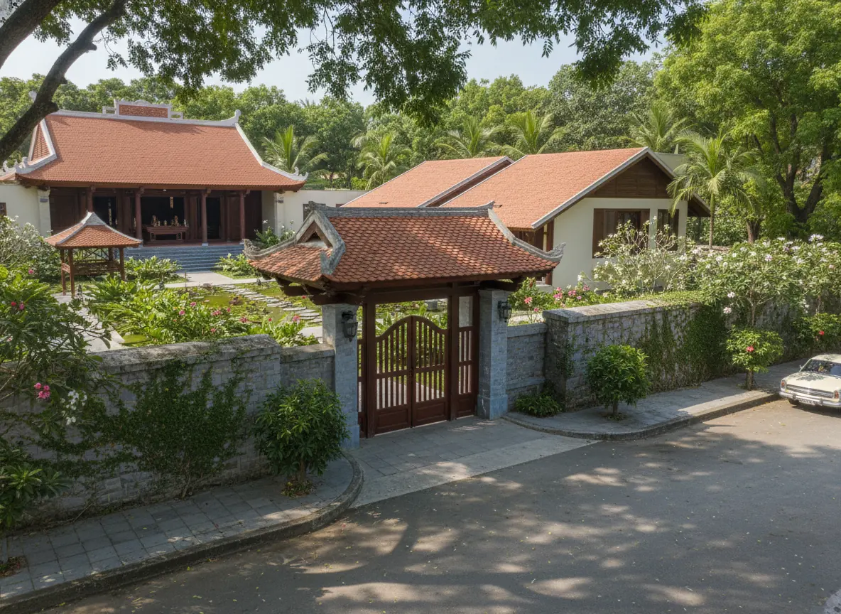 Cổng mái ngói cửa gỗ và tường rào đá, phương án lối vào Nhuận Trạch House Lương Sơn, ý tưởng Archiindex