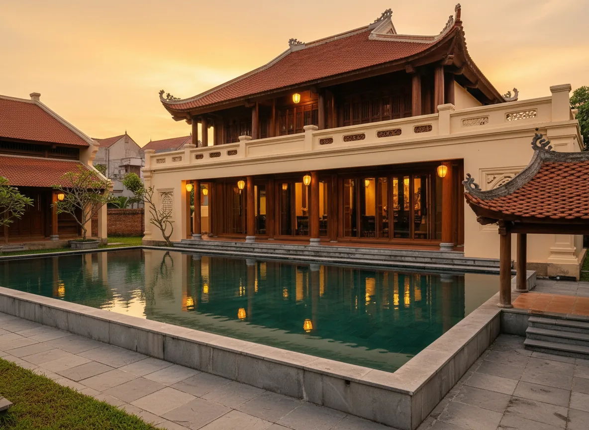 Nhà chính hai tầng mái đao ngói đỏ soi bóng bể bơi, Nhuận Trạch House Lương Sơn, ý tưởng Archiindex