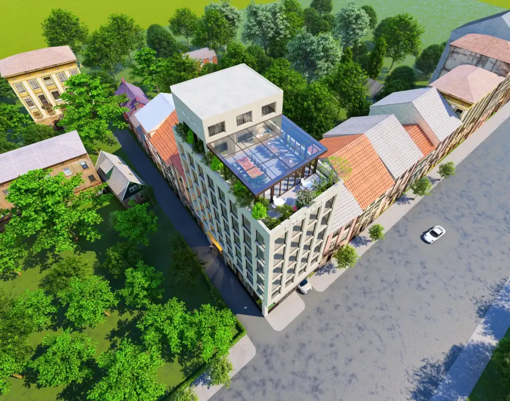 Phối cảnh chim bay lô góc với sân thượng phòng kính và cây xanh, NTB Euro Building Mỗ Lao, Archiindex