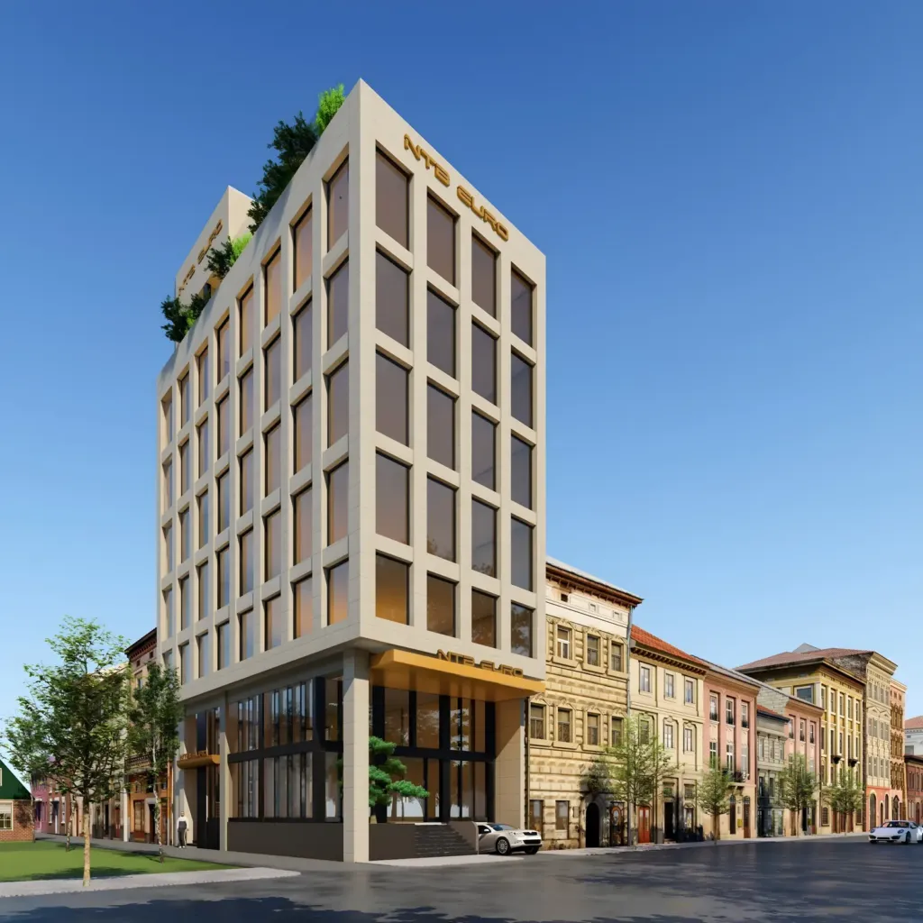 Góc phố tòa văn phòng khối màu be, tầng đế kính, NTB Euro Building Hà Đông, thiết kế kiến trúc Archiindex