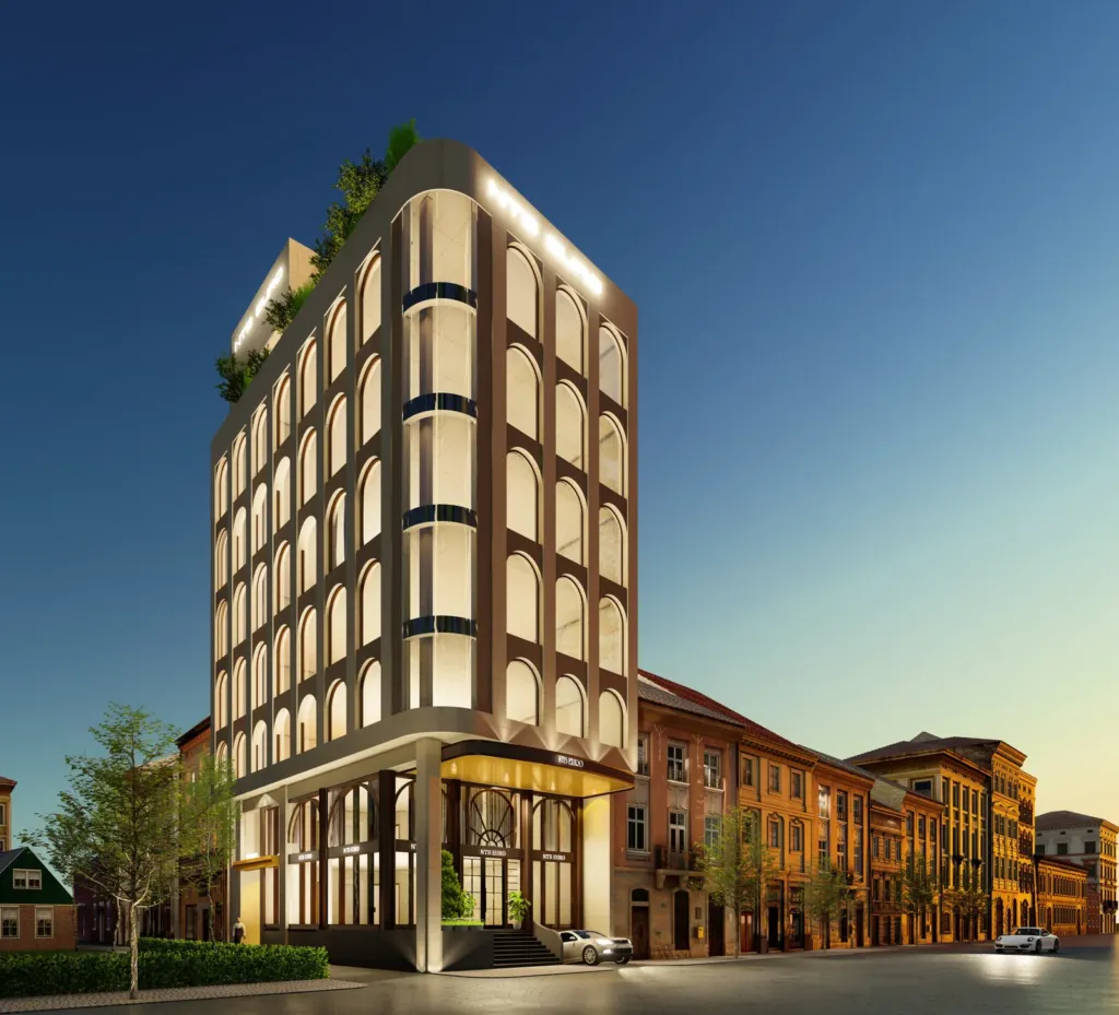 Phương án mặt đứng cửa vòm lúc hoàng hôn, tòa văn phòng NTB Euro Building Hà Đông, thiết kế Archiindex