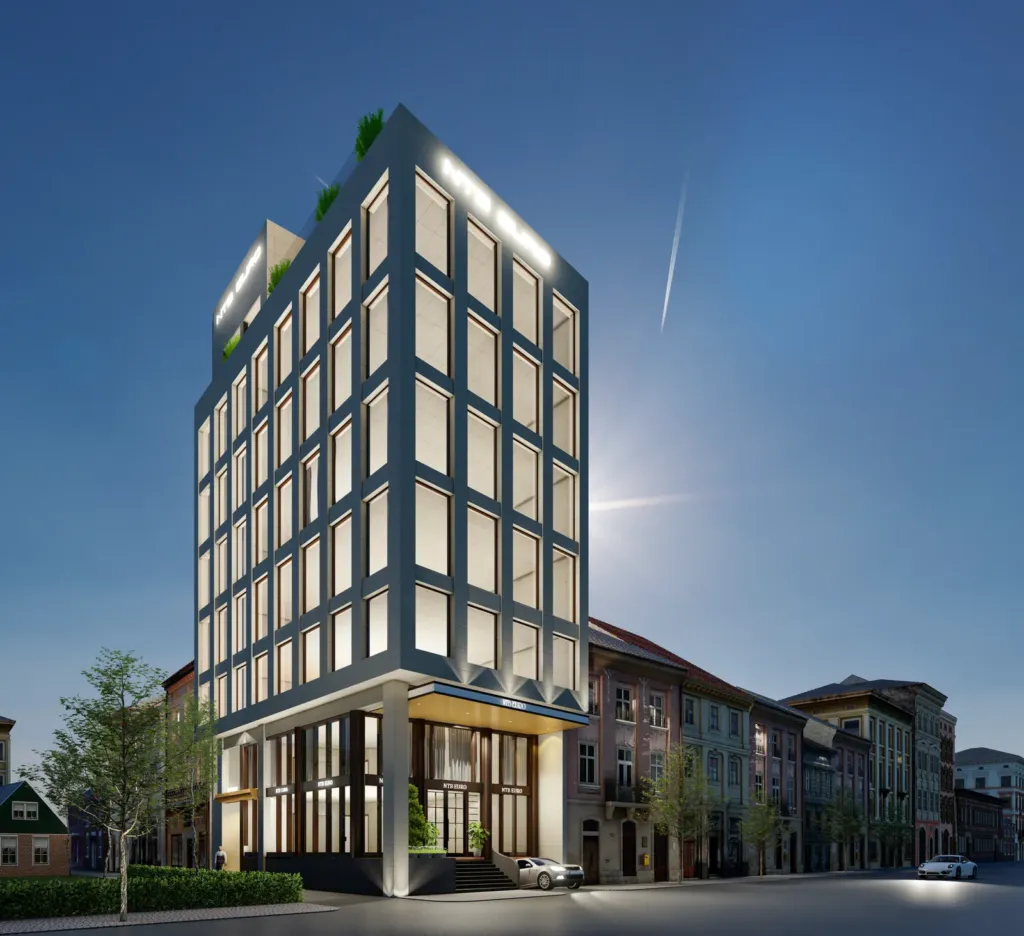 Phương án mặt đứng khung tối màu lưới cửa kính, tòa văn phòng NTB Euro Building, thiết kế Archiindex