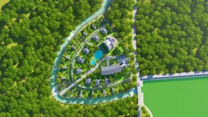 Phối cảnh quy hoạch khu nghỉ dưỡng Cư Yên Village, Lương Sơn với bungalow quanh hồ bơi và nhà trung tâm, Archiindex thiết kế ý tưởng