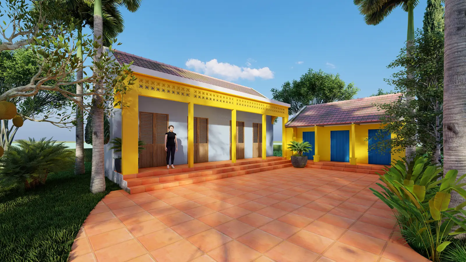 Cải tạo nhà cấp 4 mái ngói, hiên cột vàng, sân gạch tàu, Sơn Đà House Hòa Bình, thiết kế Archiindex