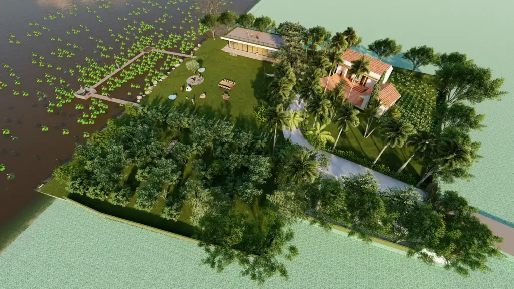 Phối cảnh chim bay khu nghỉ dưỡng gia đình Sơn Đà House, cụm nhà mái ngói đỏ giữa vườn cây, Archiindex