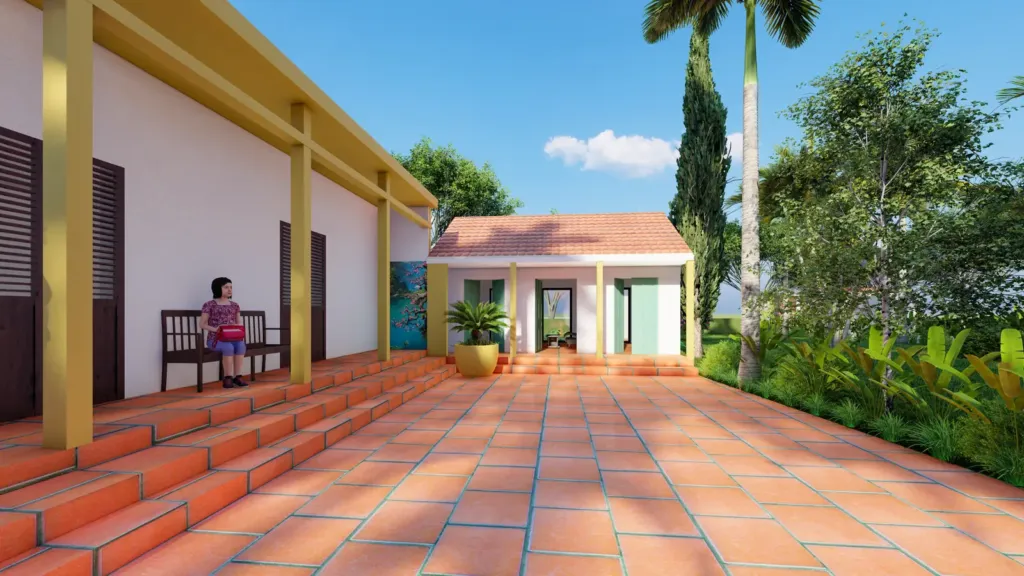Sân gạch đất nung trước hiên cột vàng và nhà phụ mái ngói, Sơn Đà House Hòa Bình, Archiindex