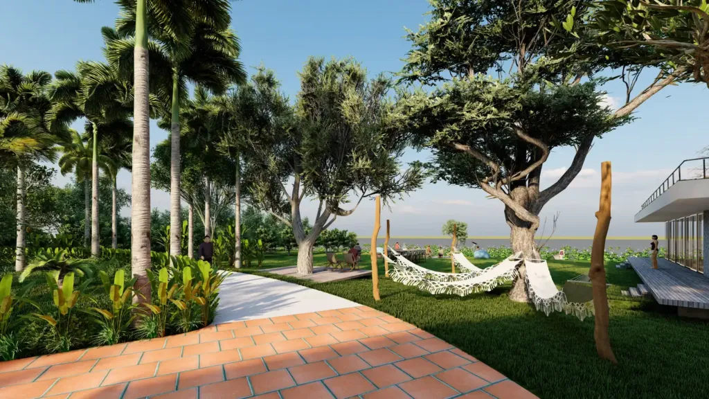 Vườn cảnh quan ven mặt nước với hàng cau vua, võng và bàn ăn ngoài trời, Sơn Đà House, Archiindex