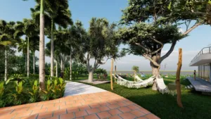 Vườn cảnh quan ven mặt nước với hàng cau vua, võng và bàn ăn ngoài trời, Sơn Đà House, Archiindex