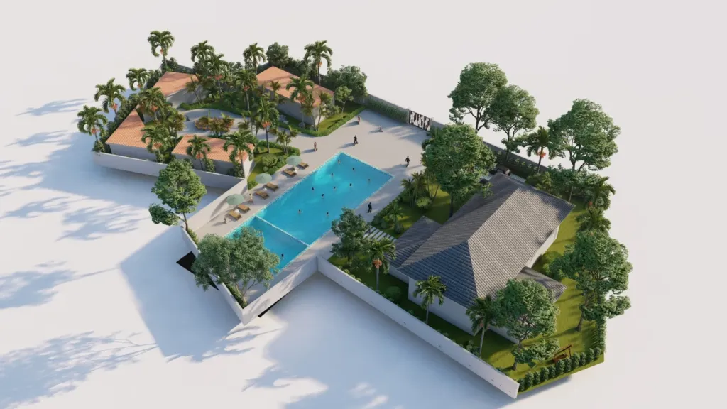 Biệt thự mái dốc cạnh bể bơi và sân vườn, Sum Villa xóm Sum Lương Sơn, quy hoạch Archiindex