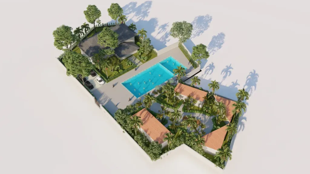 Phối cảnh chim bay bể bơi giữa vườn, bungalow mái ngói, Sum Villa Lương Sơn Hòa Bình, thiết kế Archiindex