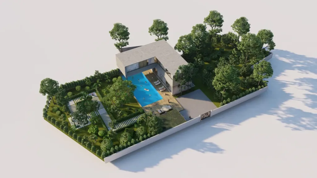 Phối cảnh chim bay phương án biệt thự mái bằng và bể bơi, Sum Villa Lương Sơn Hòa Bình, Archiindex