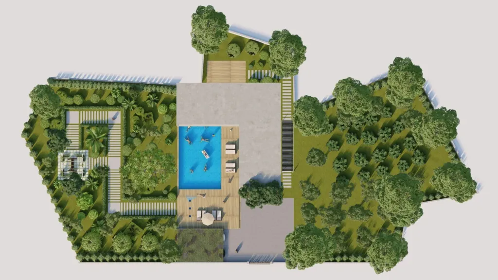Phương án 3: biệt thự hiện đại với bể bơi, lối dạo và vườn cây, Sum Villa Lương Sơn, Archiindex