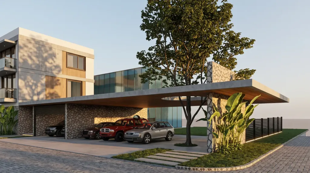 Gara mái đua công xôn trần gỗ, cây xuyên qua ô thoáng, Thường House Hải Dương, phối cảnh ý tưởng Archiindex
